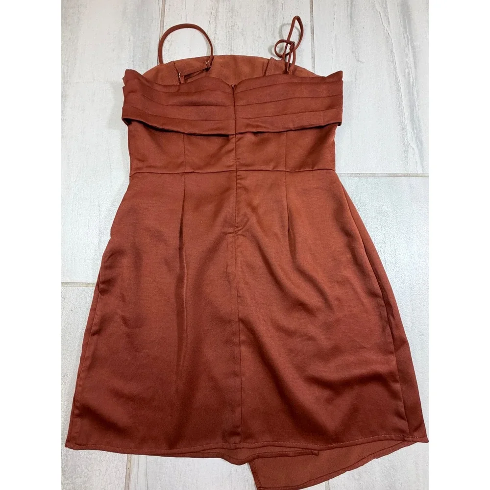 Sadie & Sage Luxe Rust Brown Satin Pleated Wrap Tulip Hem Mini Dress